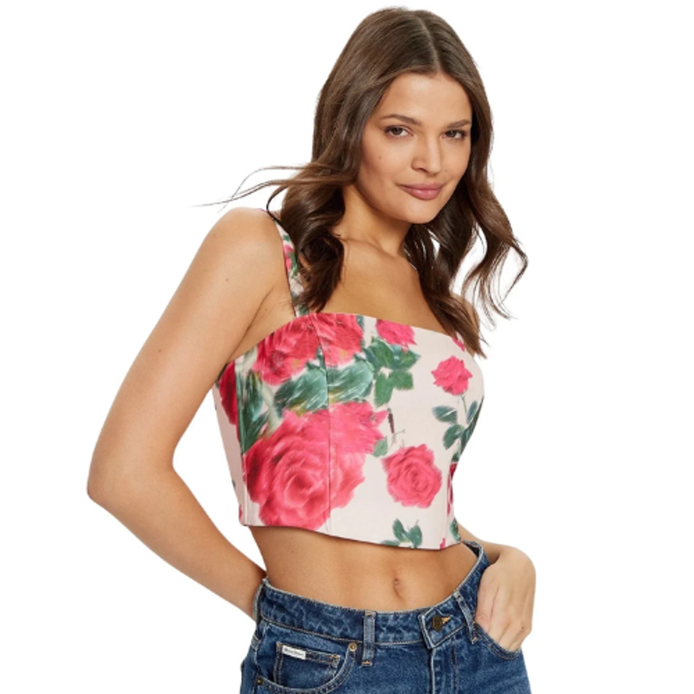 Guess Raissa Floral Corset Bustier Cropped Top Blurred Roses Print Pink Size S